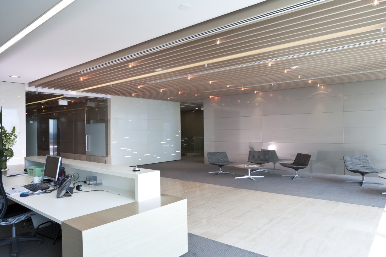 Interior view of the Deloitte office reception area architecture, ceiling, daylighting, interior design, lobby, office, gray, white