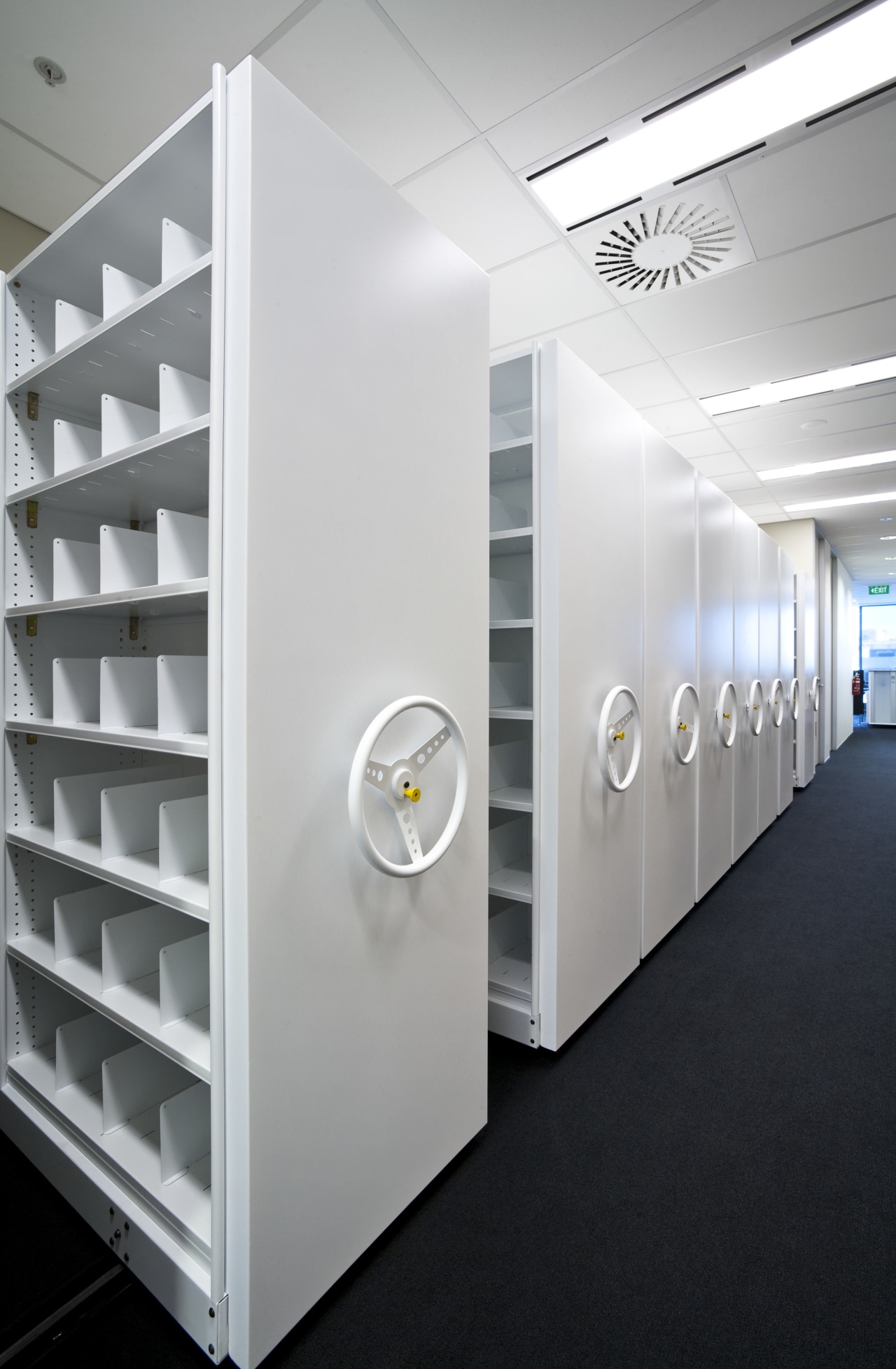View of adjustable storage shelves with lockable handwheels. product, product design, shelving, white, gray