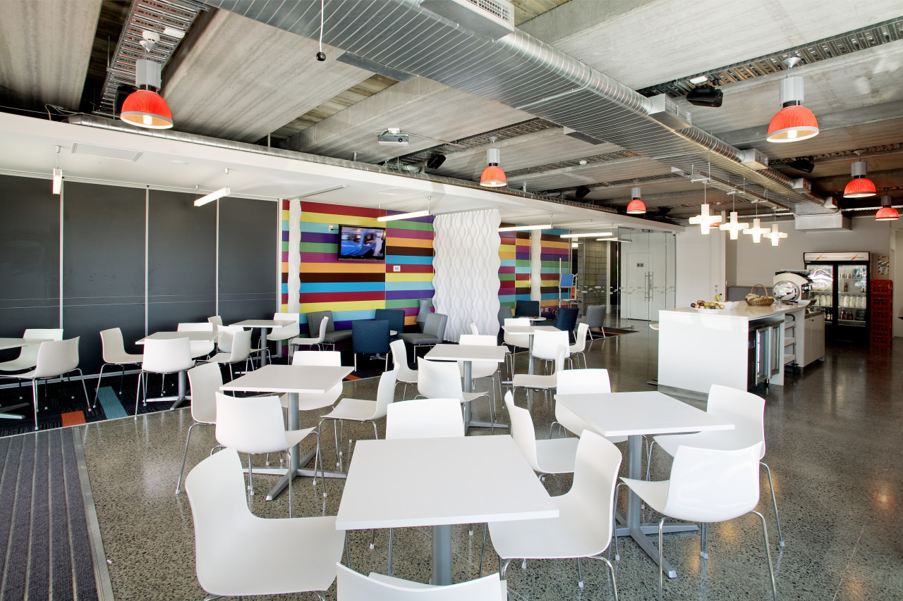 Interior view of the Express Data offices which interior design, restaurant, white, gray