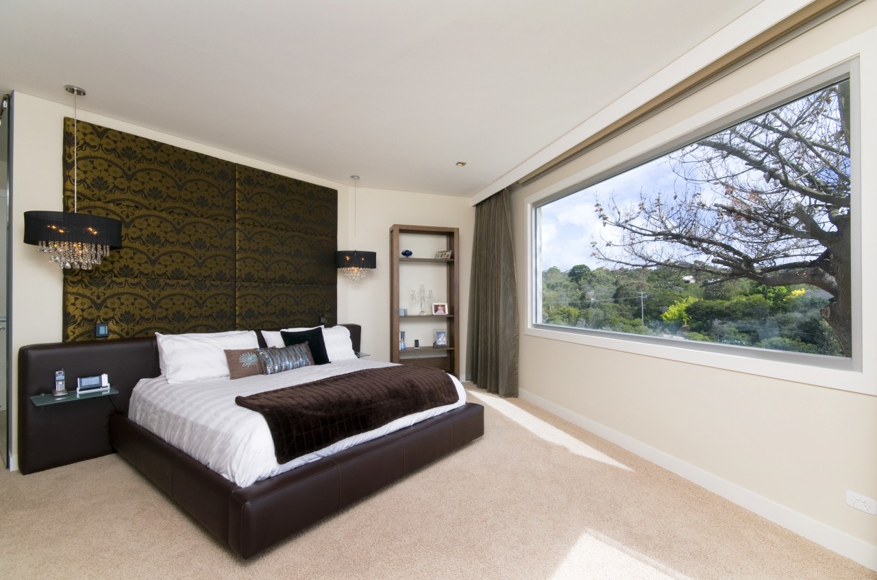 view of the master bedroom in this home architecture, bedroom, ceiling, estate, floor, home, house, interior design, property, real estate, room, window, gray