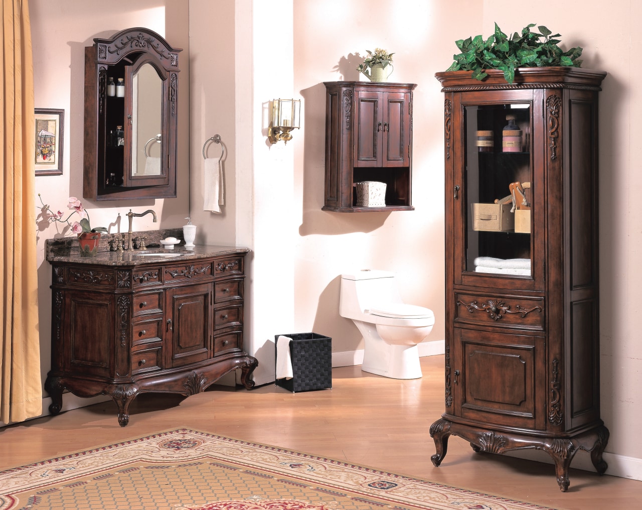 View of a traditional-styled bathroom which features bathroom bathroom accessory, bathroom cabinet, cabinetry, chest of drawers, china cabinet, display case, drawer, furniture, hardwood, shelving, white