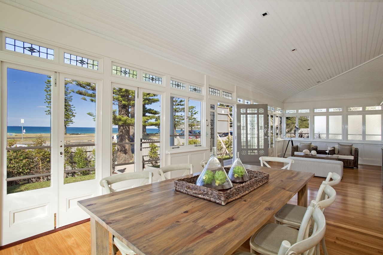 View of beachfront house with courtyard, formal living ceiling, estate, home, interior design, living room, property, real estate, window, gray