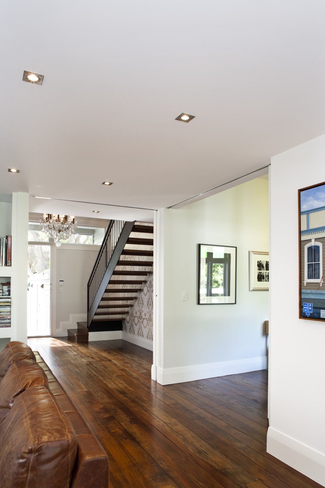 View of beautiful wooden floors &amp; stairway ceiling, daylighting, estate, floor, flooring, hardwood, home, house, interior design, laminate flooring, living room, molding, real estate, room, stairs, wall, window, wood, wood flooring, gray, white