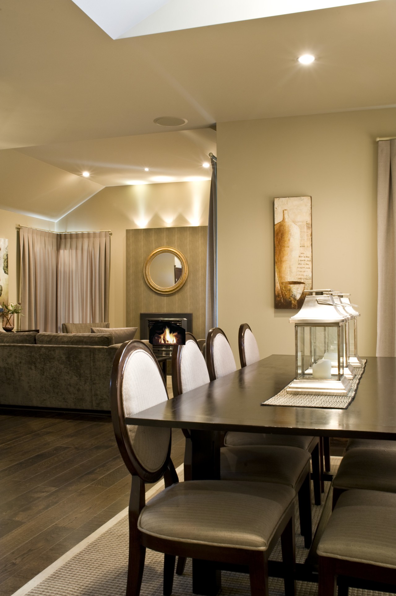 Close up of Dining room overlooking the lounge ceiling, dining room, floor, furniture, home, interior design, light fixture, lighting, living room, room, table, brown, orange