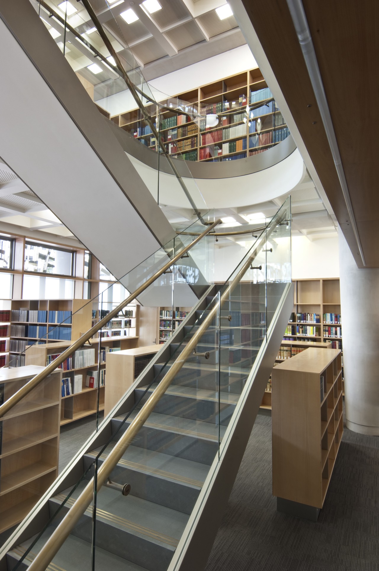 Supreme Court of New Zealand, Wellington architecture, building, daylighting, glass, handrail, institution, interior design, library, public library, stairs, structure, gray, brown