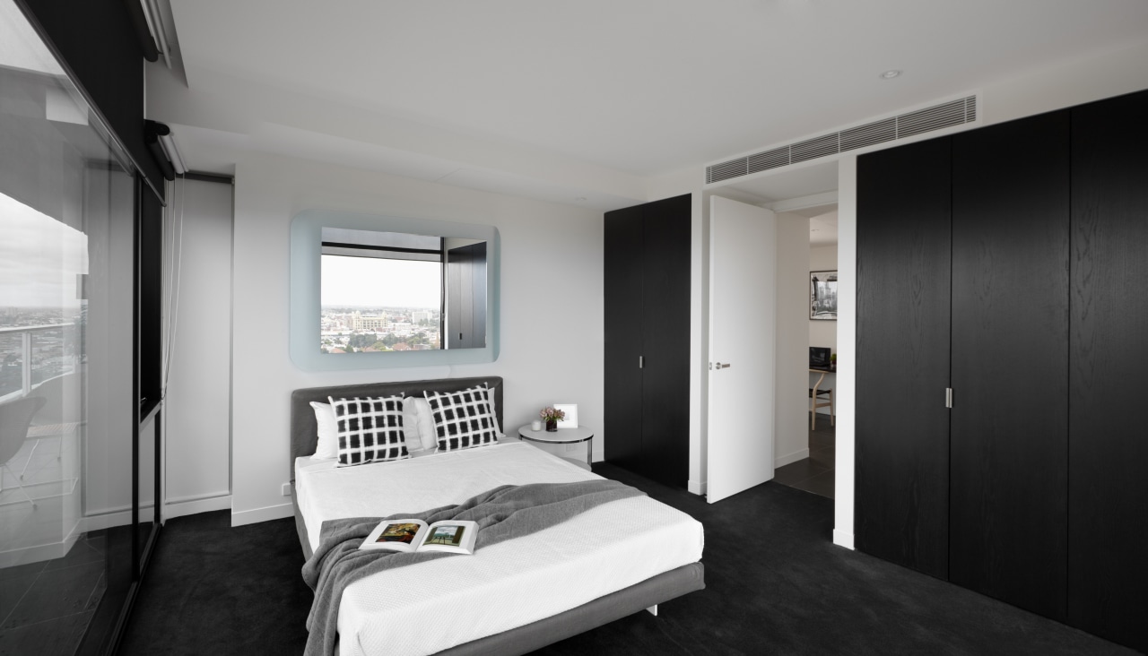 View of this contemporary apartment architecture, bedroom, ceiling, house, interior design, real estate, room, suite, gray, black