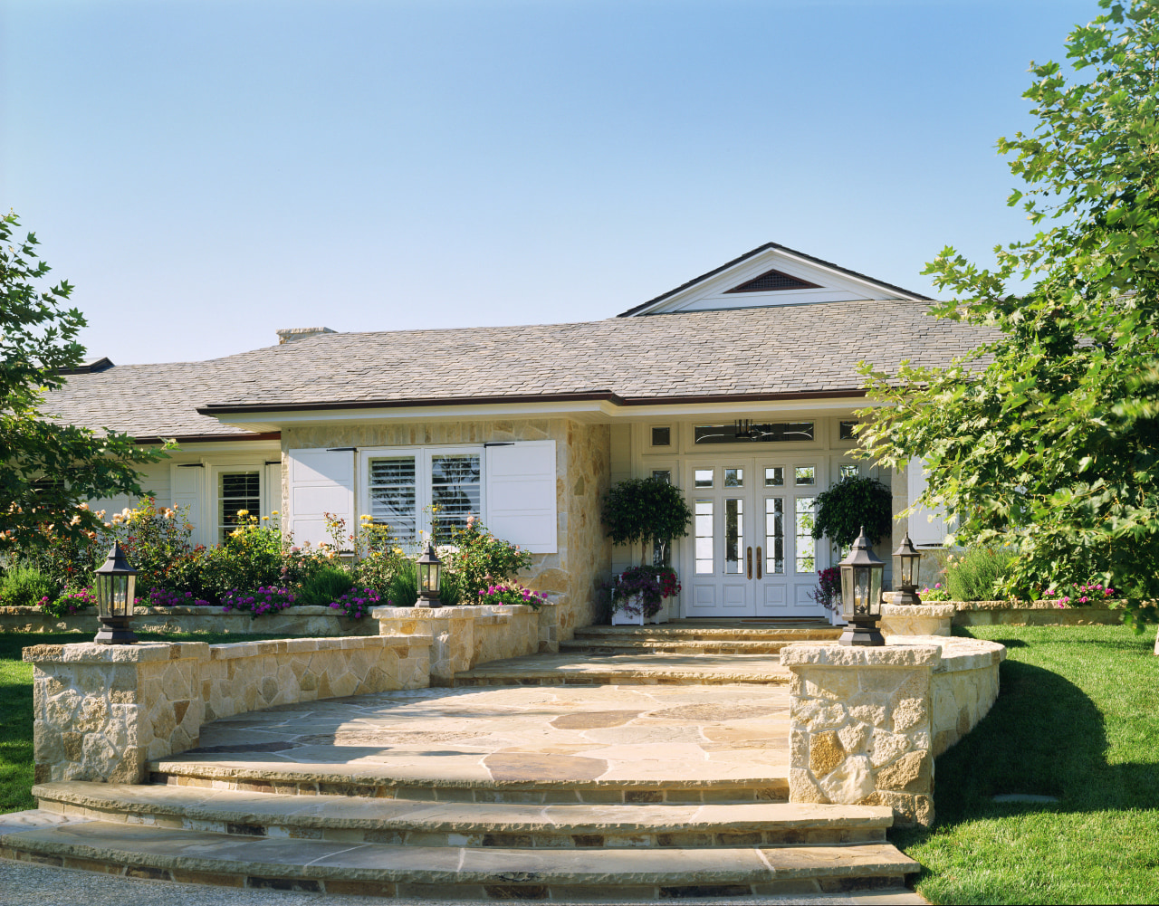 View of grand entrance way cottage, estate, facade, farmhouse, home, house, landscaping, mansion, property, real estate, residential area, villa, yard, teal