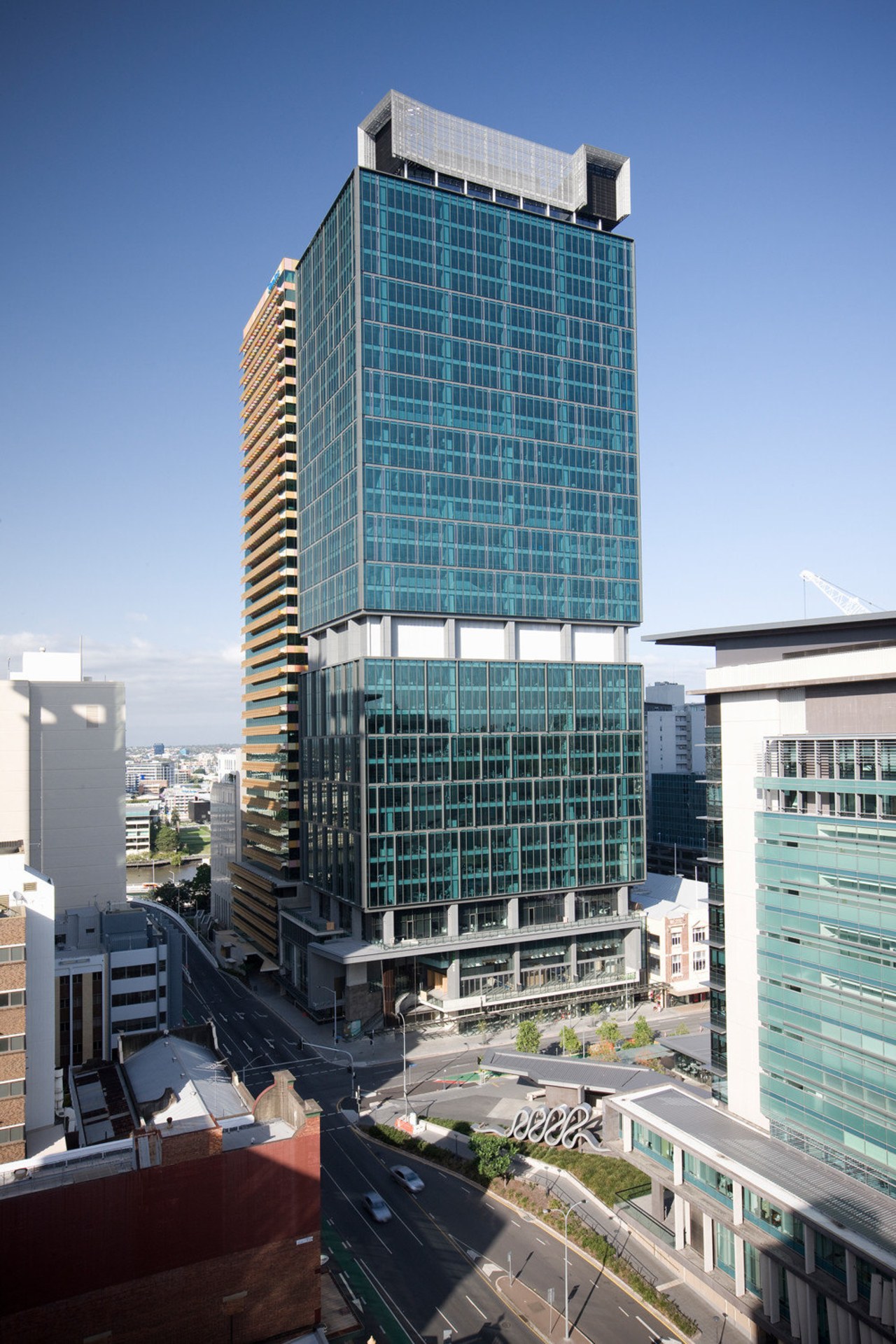 34-story building, 400 George St, Brisbane architecture, building, city, cityscape, commercial building, condominium, corporate headquarters, daytime, downtown, facade, headquarters, hotel, metropolis, metropolitan area, mixed use, real estate, residential area, sky, skyscraper, tower block, urban area, urban design, teal