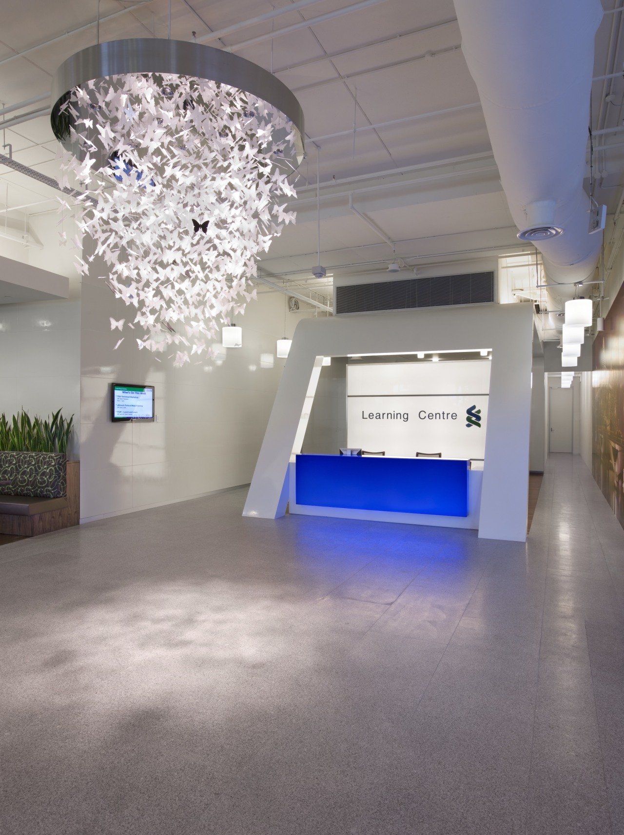 Standard Chartered Bank, Changi Business Park, Singapore architecture, ceiling, daylighting, exhibition, floor, flooring, interior design, lobby, gray