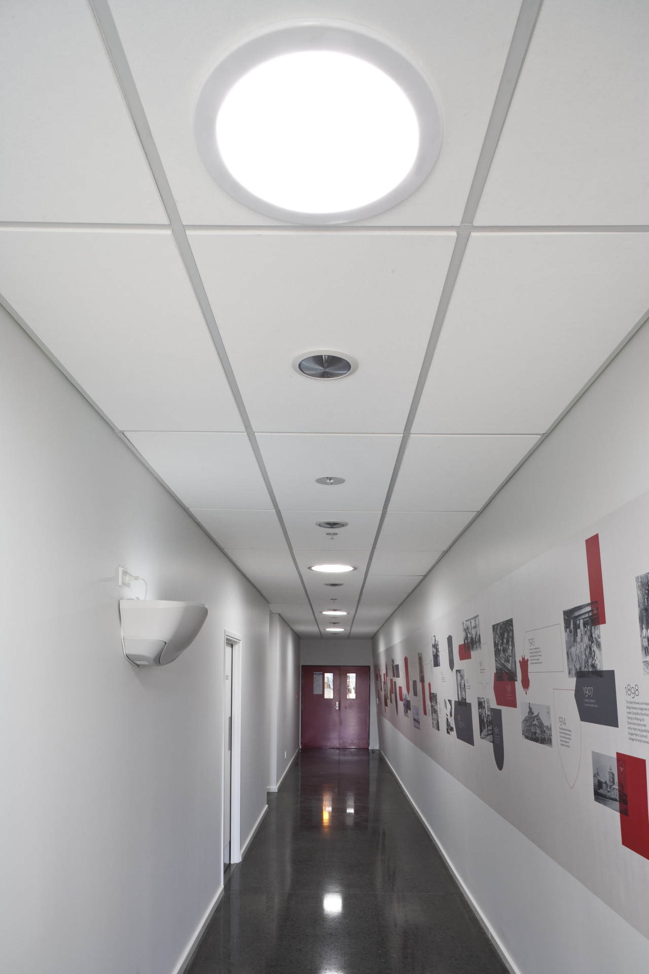 View of a hallway at the Lion Nathan architecture, ceiling, daylighting, interior design, light fixture, lighting, product design, gray