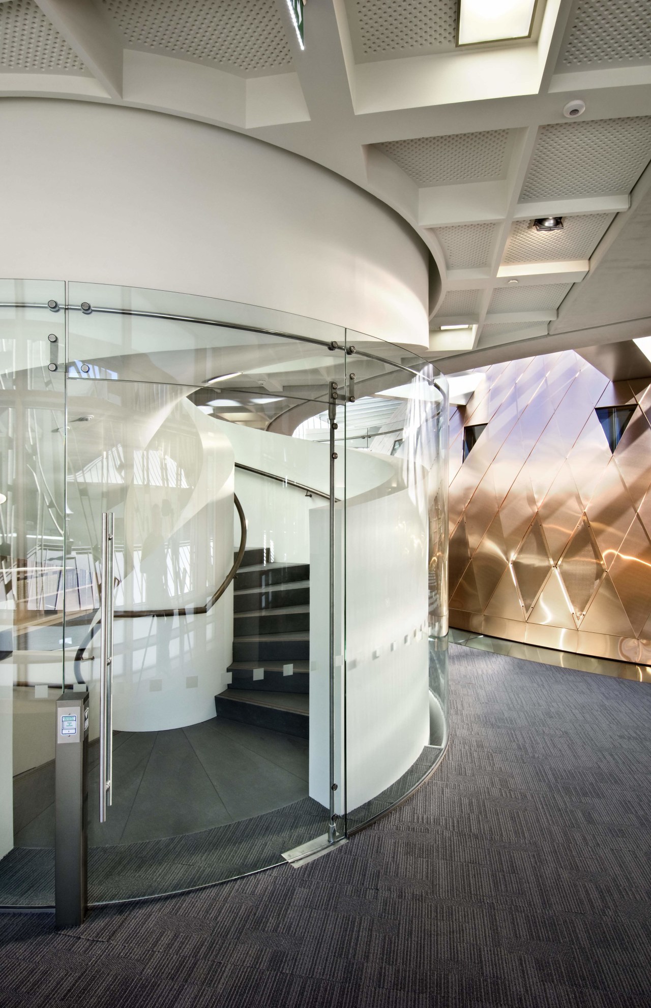 View of an internal stairway at the Supreme ceiling, interior design, product design, gray