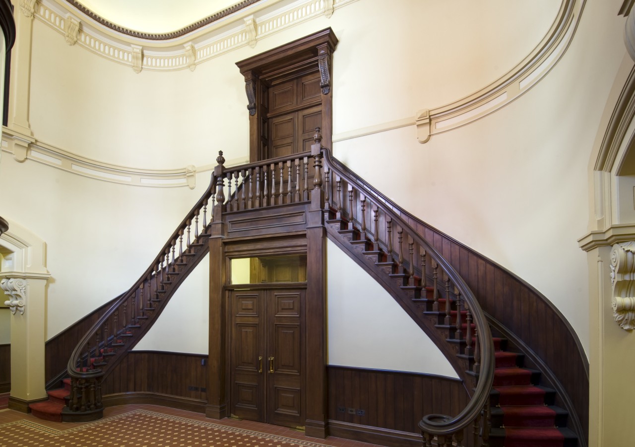 Interior view of the restored Old High Court architecture, baluster, estate, handrail, interior design, property, real estate, stairs, white