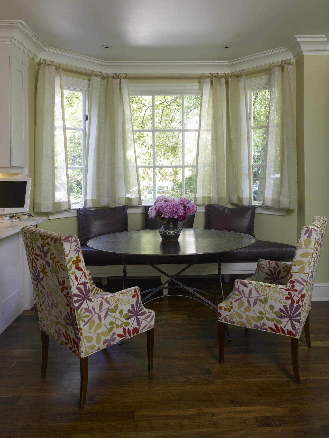 Dining room with colourful furniture &amp; wooden floorboards chair, curtain, dining room, floor, furniture, home, house, interior design, living room, real estate, room, table, textile, window, window covering, window treatment, gray, brown