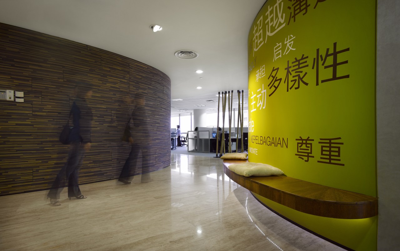 Steelcase Global Shared Services office, Kuala Lumpur architecture, floor, flooring, interior design, lobby, wall, wood, yellow, brown, gray