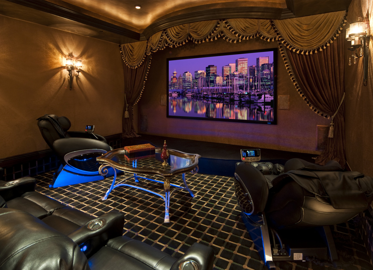 Home Theatre with checkered floor and drapes. entertainment, home, interior design, room, red