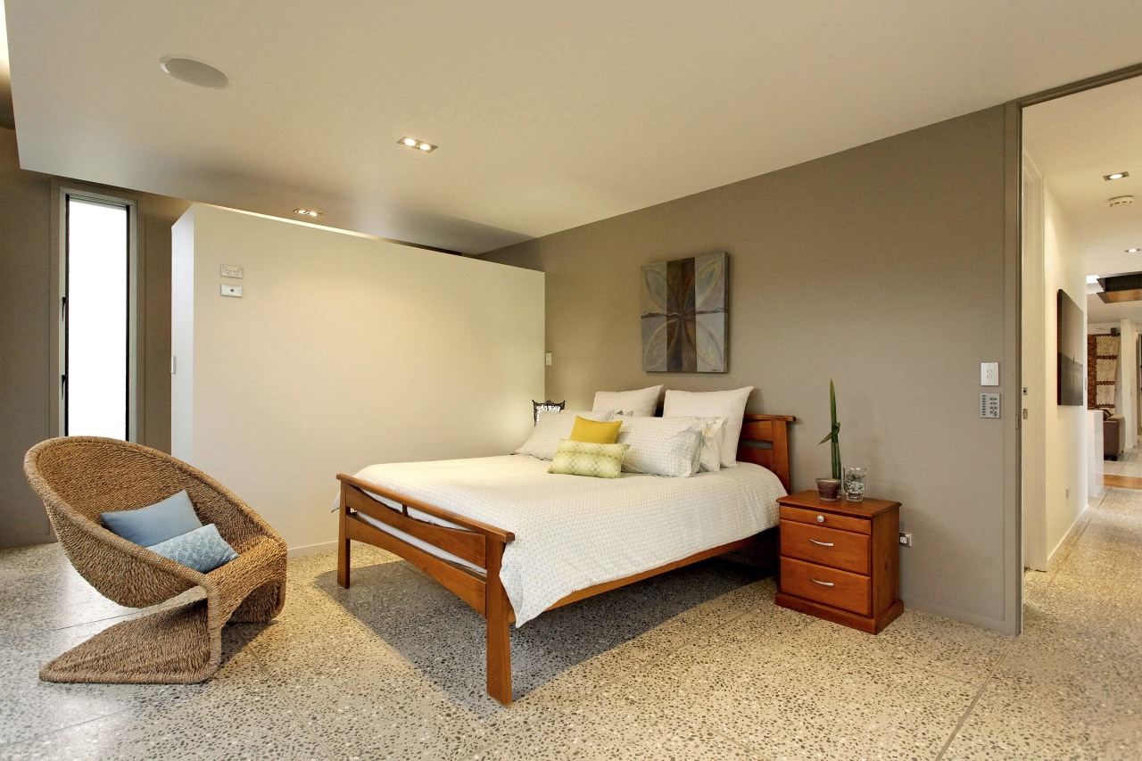 View of contemporary bedroom bedroom, ceiling, floor, interior design, real estate, room, suite, orange, brown