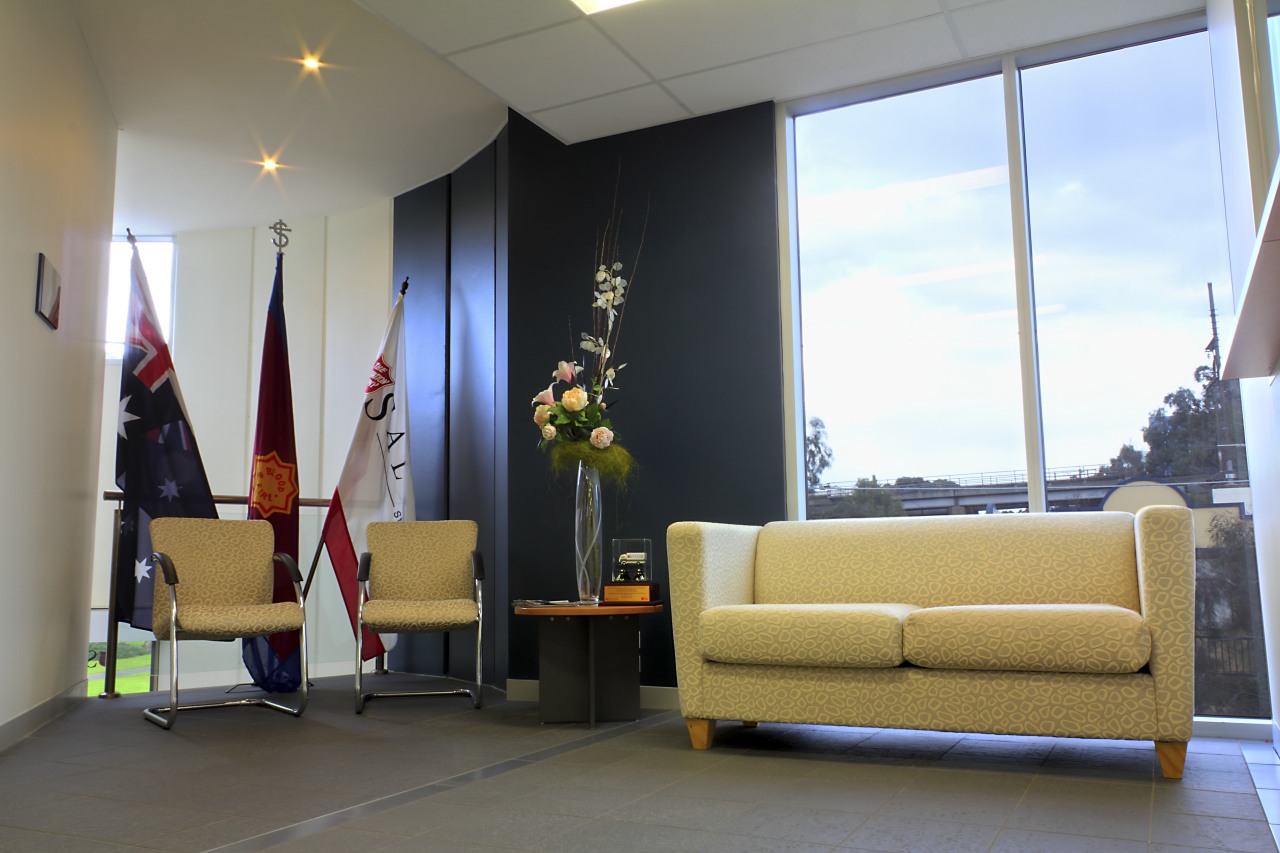 Interior view of the Salvation Army building, windows furniture, interior design, room, gray