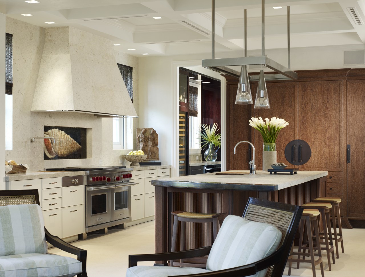 View of a kitchen featuring island, granite countertops, cabinetry, ceiling, countertop, cuisine classique, interior design, kitchen, room, gray, brown