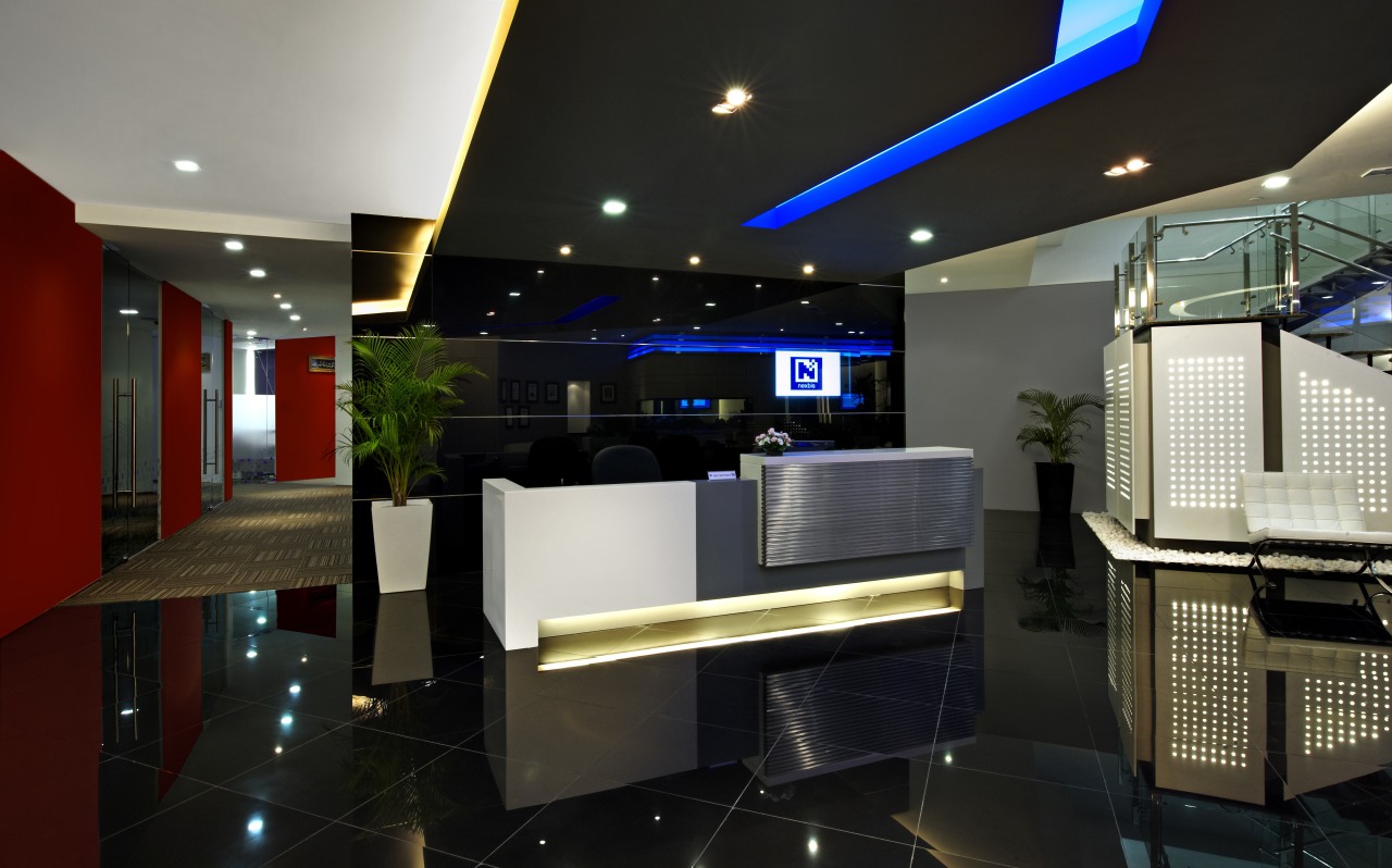 View of the security specialists Nexbis offices, reception ceiling, interior design, lighting, lobby, black