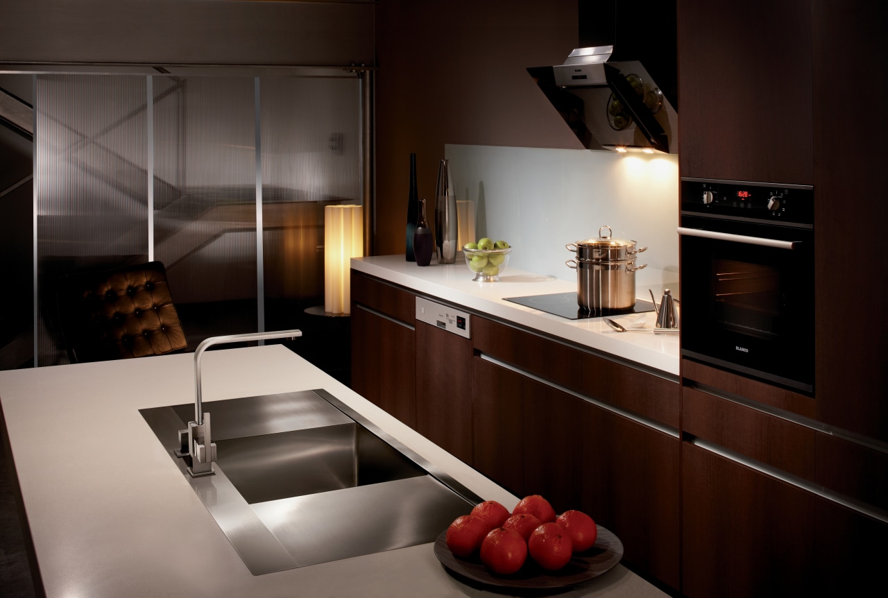 View of the latest collection from Blanco Appliances countertop, home appliance, interior design, kitchen, black, gray