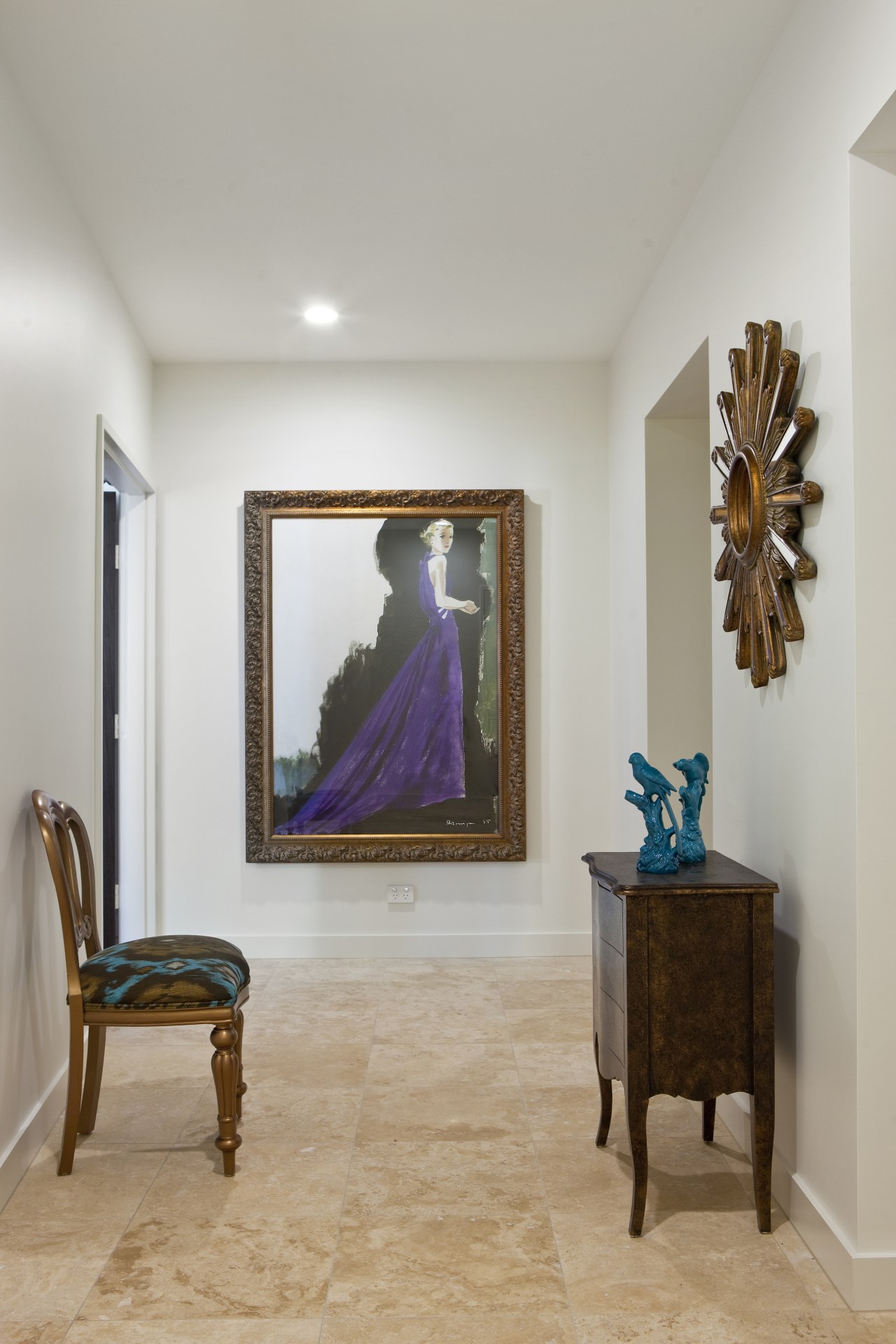 View of hallway with polished travertine floor tiles, ceiling, floor, flooring, furniture, home, interior design, living room, room, table, wall, gray