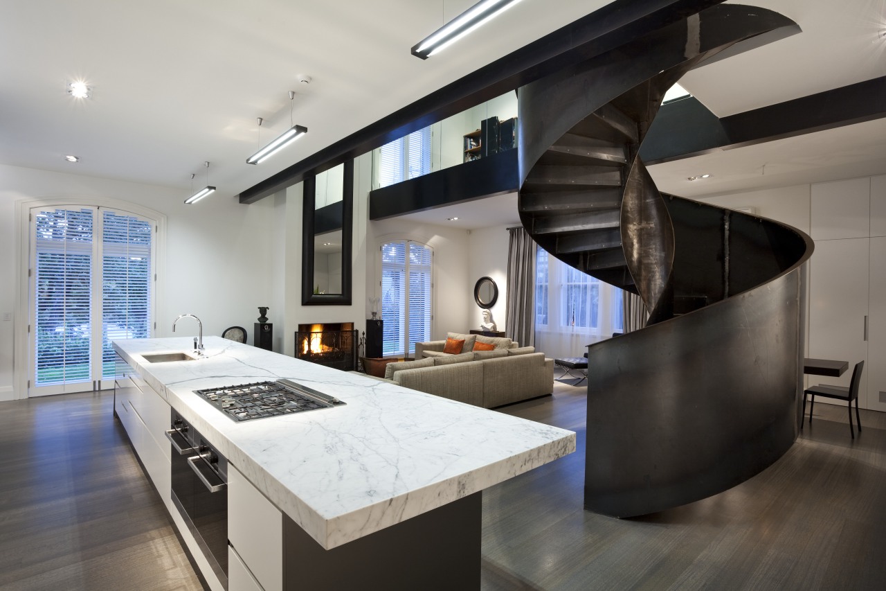 View of renovated home which features kitchen with countertop, interior design, kitchen, gray, black