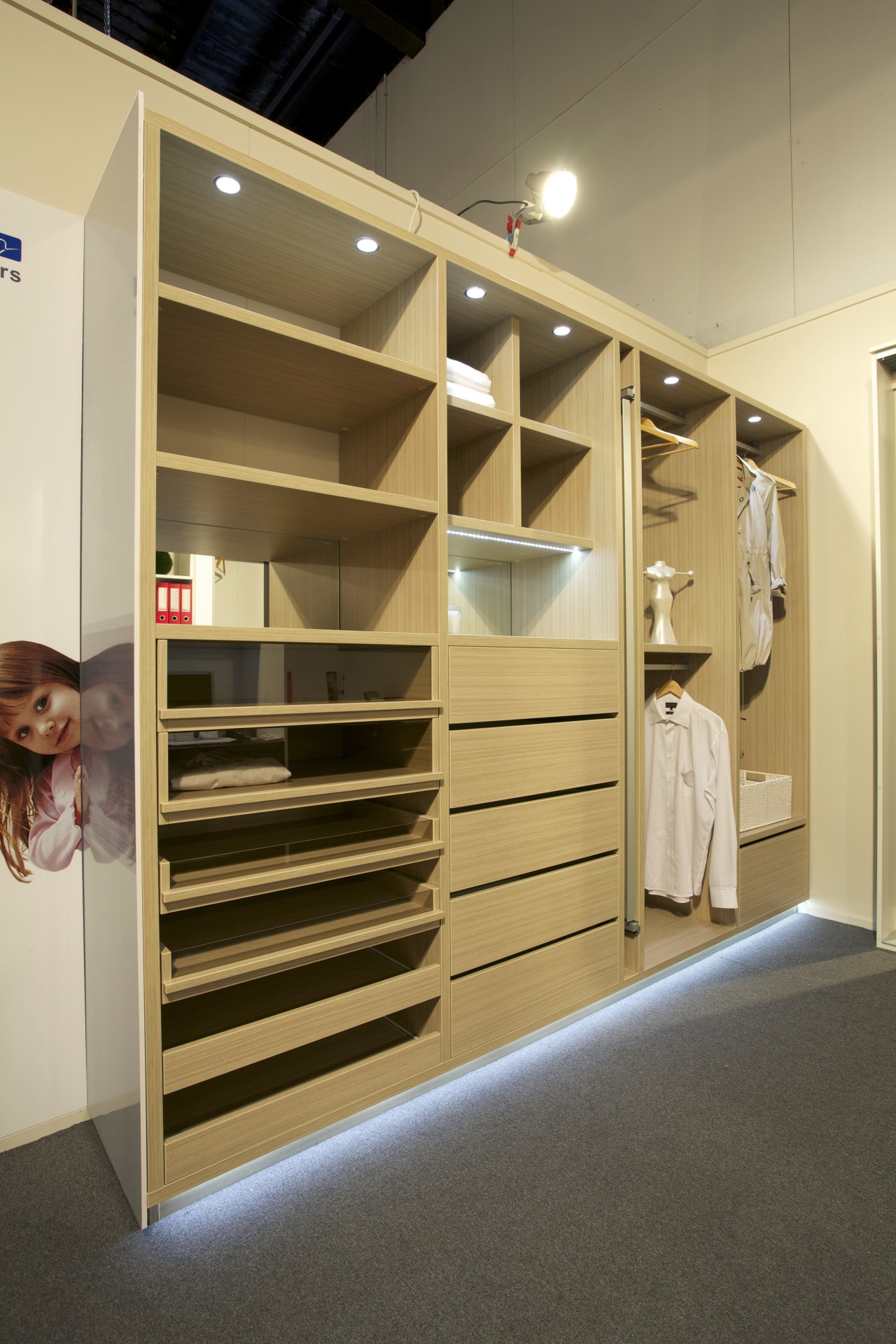 View of the bedroom cabinetry by Yellowfox cabinetry, closet, floor, flooring, furniture, interior design, product, shelf, shelving, wardrobe, orange, brown