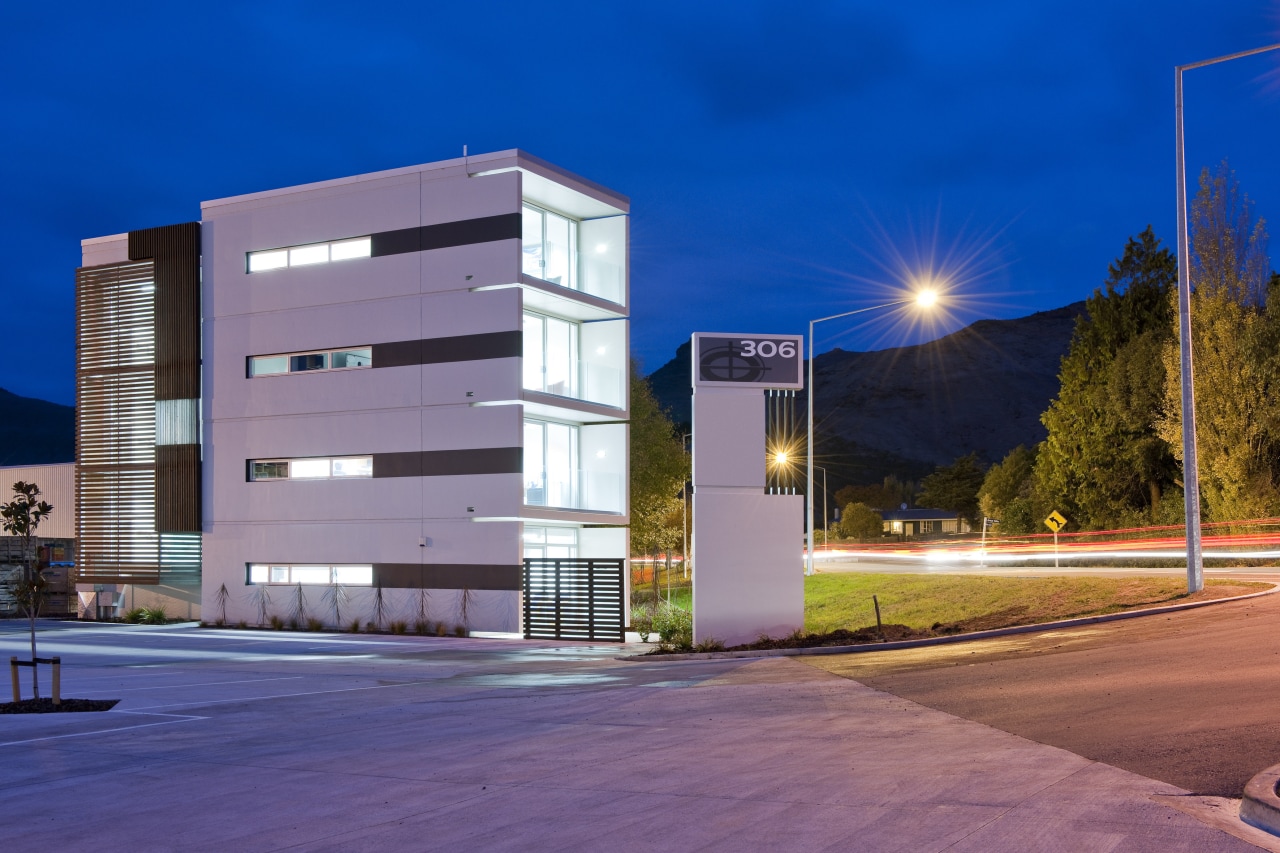 View of a logistics centre designed by Cymon apartment, architecture, building, commercial building, condominium, corporate headquarters, elevation, facade, headquarters, home, house, lighting, metropolitan area, mixed use, neighbourhood, night, property, real estate, residential area, sky, blue