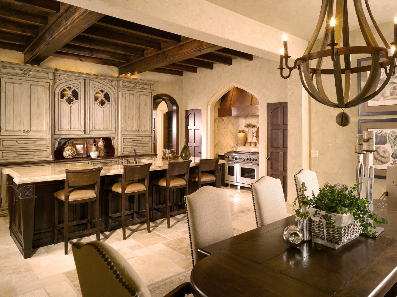 View of traditionally styled kitchen with Tudor-style arch, ceiling, interior design, orange, brown