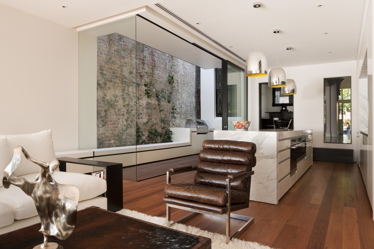 Glazed walls. Wood floors and decking. Island calacatta interior design, living room, real estate, room, gray, brown