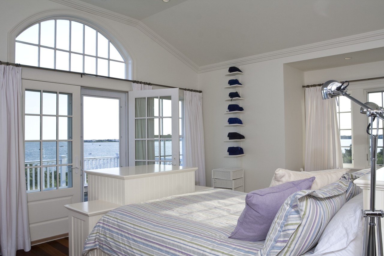 View of bedroom featuring wooden floors, white painted bedroom, ceiling, daylighting, estate, home, interior design, property, real estate, room, window, window covering, window treatment, gray