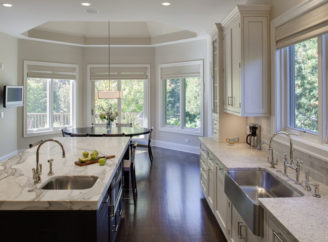 View of kitchen with wooden flooring, stainless drawers cabinetry, ceiling, countertop, estate, home, interior design, kitchen, real estate, room, window, gray