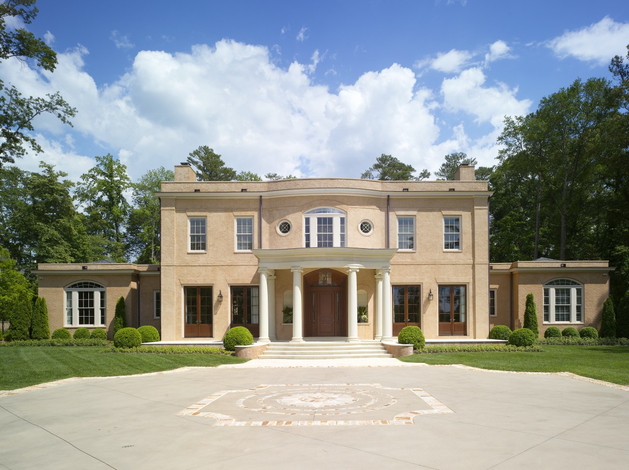 Exterior view of a Regency-styled home. building, elevation, estate, facade, historic house, home, house, manor house, mansion, official residence, plantation, property, real estate, residential area, white