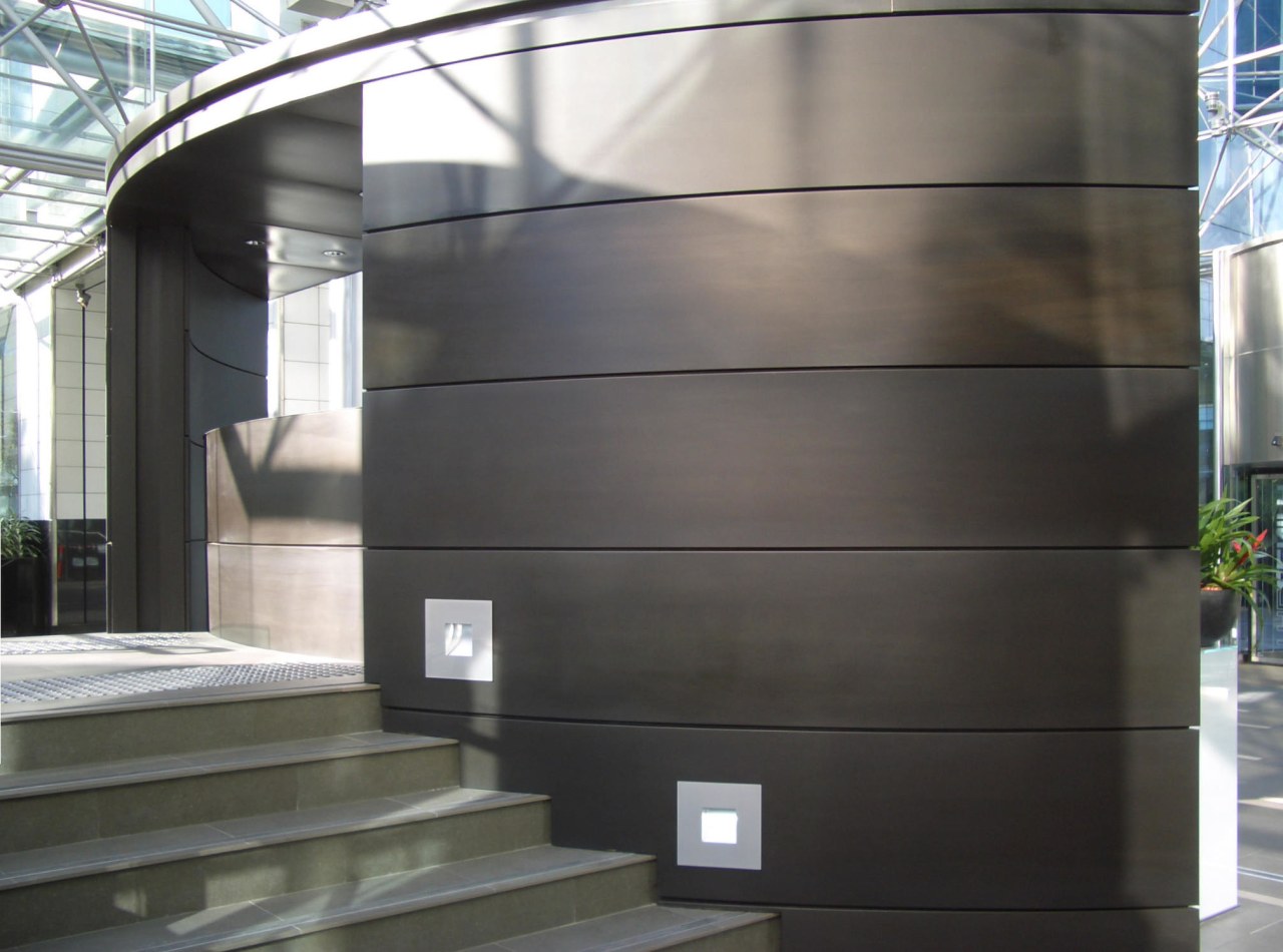 View of brass walls fabricated by Craft Metals architecture, building, facade, glass, structure, black, gray