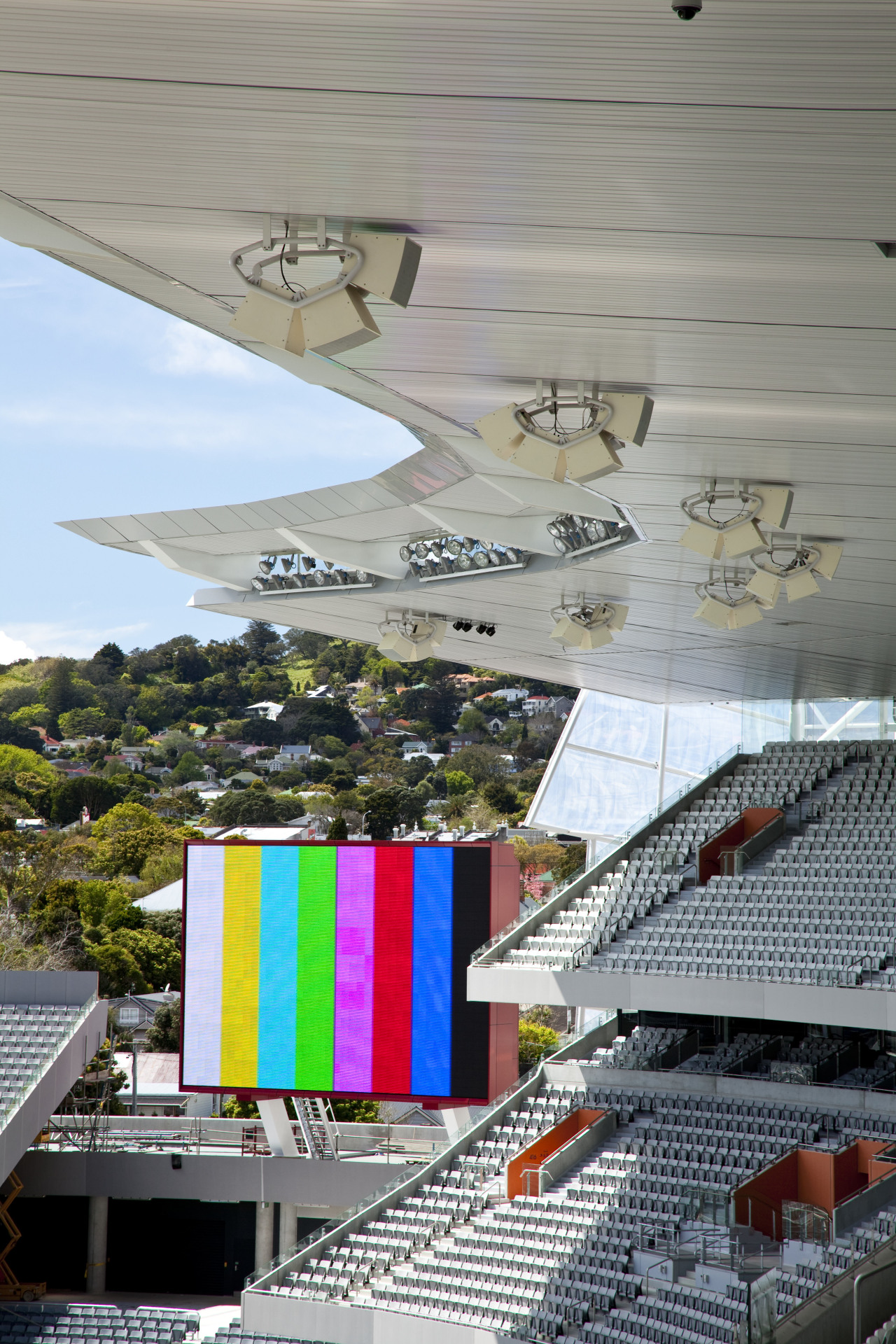 View of sound equipment at Eden Park which architecture, sport venue, structure, gray