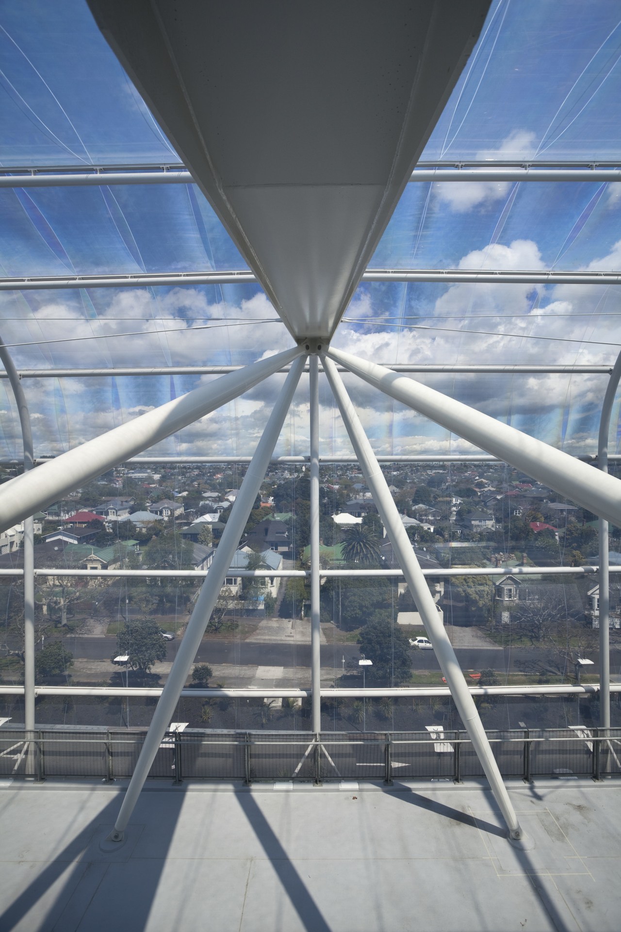 View of the cantilevered roof of the South architecture, building, cable stayed bridge, daylighting, fixed link, line, roof, sky, structure, gray