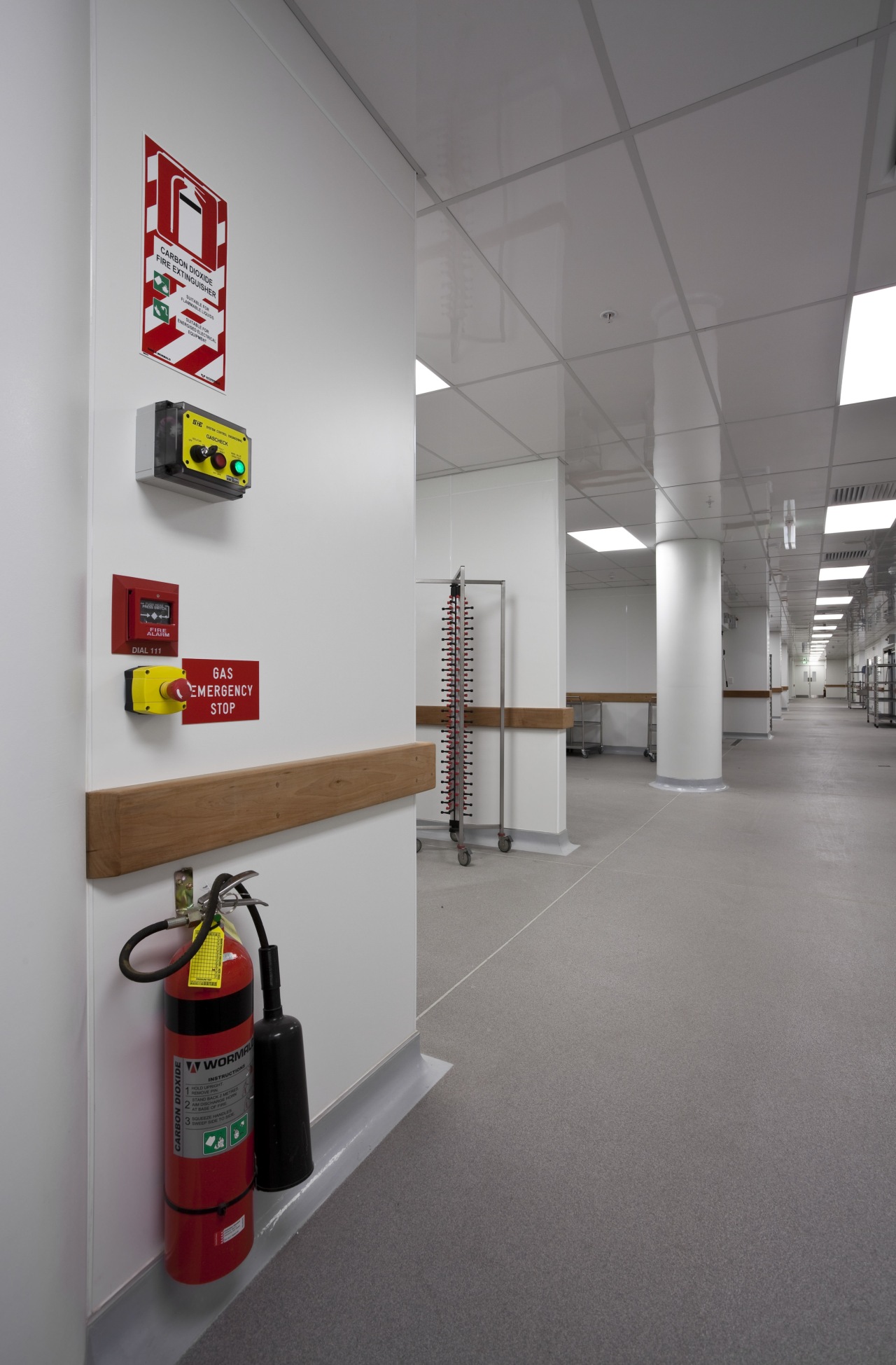 View of fire prevention and suppression systems at ceiling, floor, interior design, product design, gray