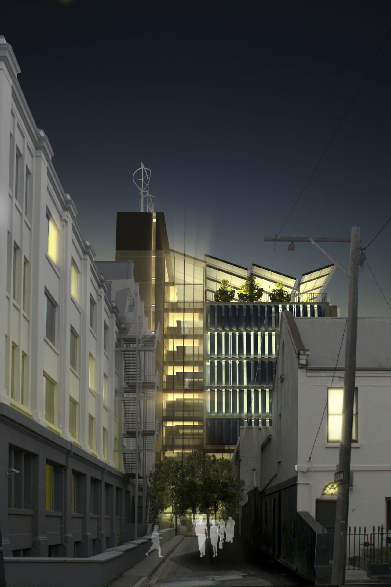 Conceptual image of the ACU Centre for Health apartment, architecture, building, city, condominium, downtown, evening, facade, infrastructure, lighting, metropolis, metropolitan area, mixed use, neighbourhood, night, residential area, sky, skyscraper, town, black