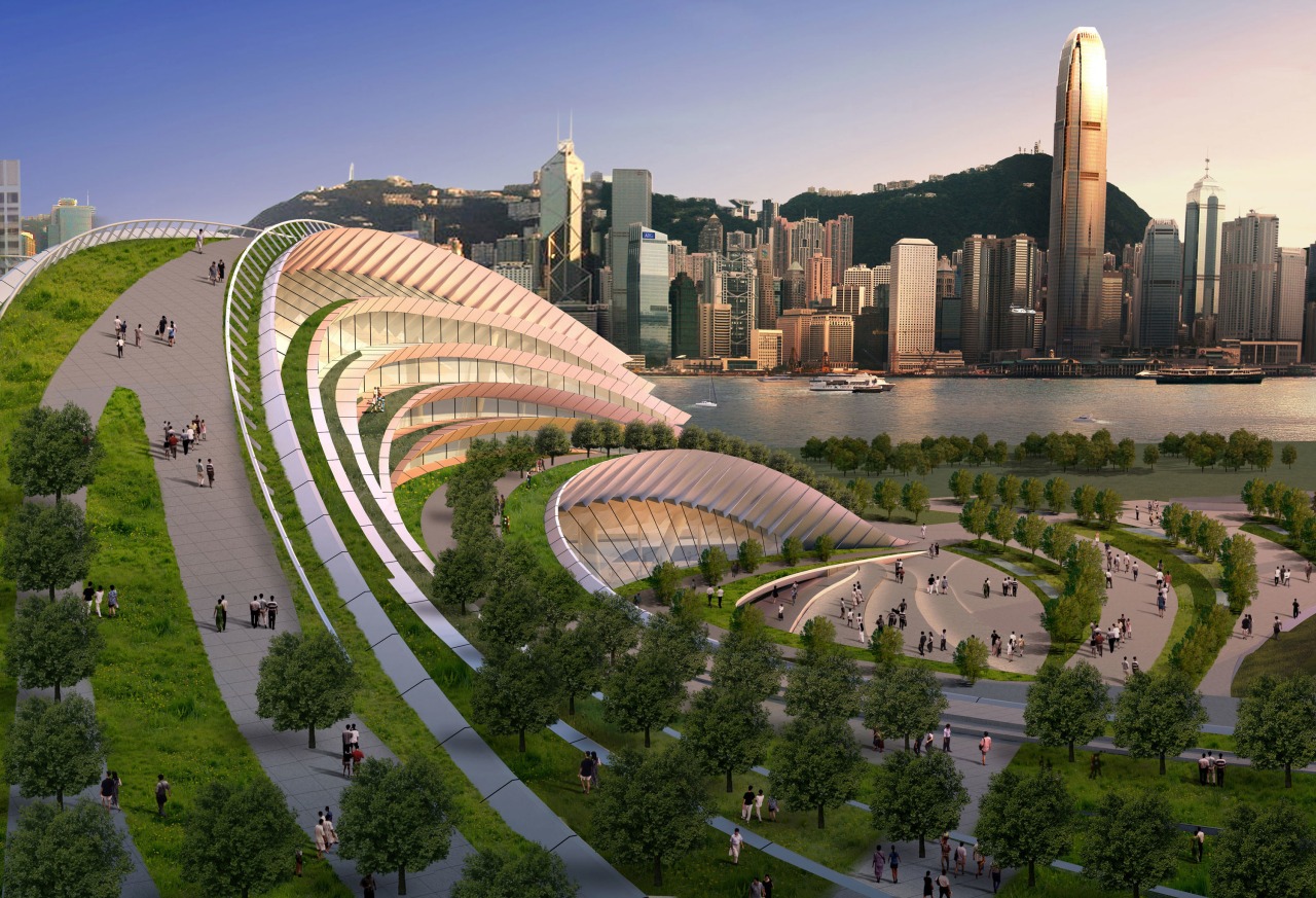 Conceptual image of the West Kowloon Terminus which aerial photography, bird's eye view, city, cityscape, daytime, landmark, metropolis, metropolitan area, mixed use, residential area, sky, skyline, skyscraper, urban area, urban design, brown