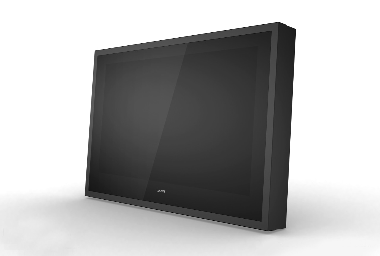 View of outdoor flat screen TV from H2OTV. computer monitor, display device, flat panel display, media, multimedia, output device, product, product design, screen, technology, television, white, black