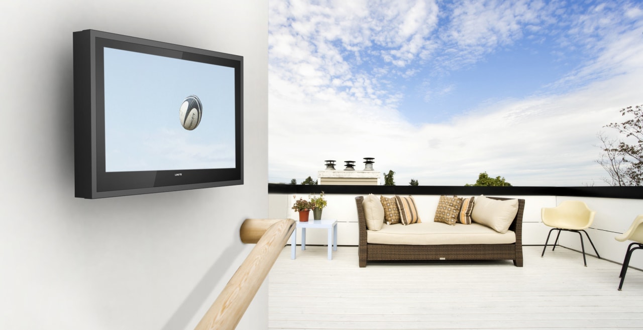 View of outdoor flat screen TV from H2OTV. furniture, interior design, product design, table, white