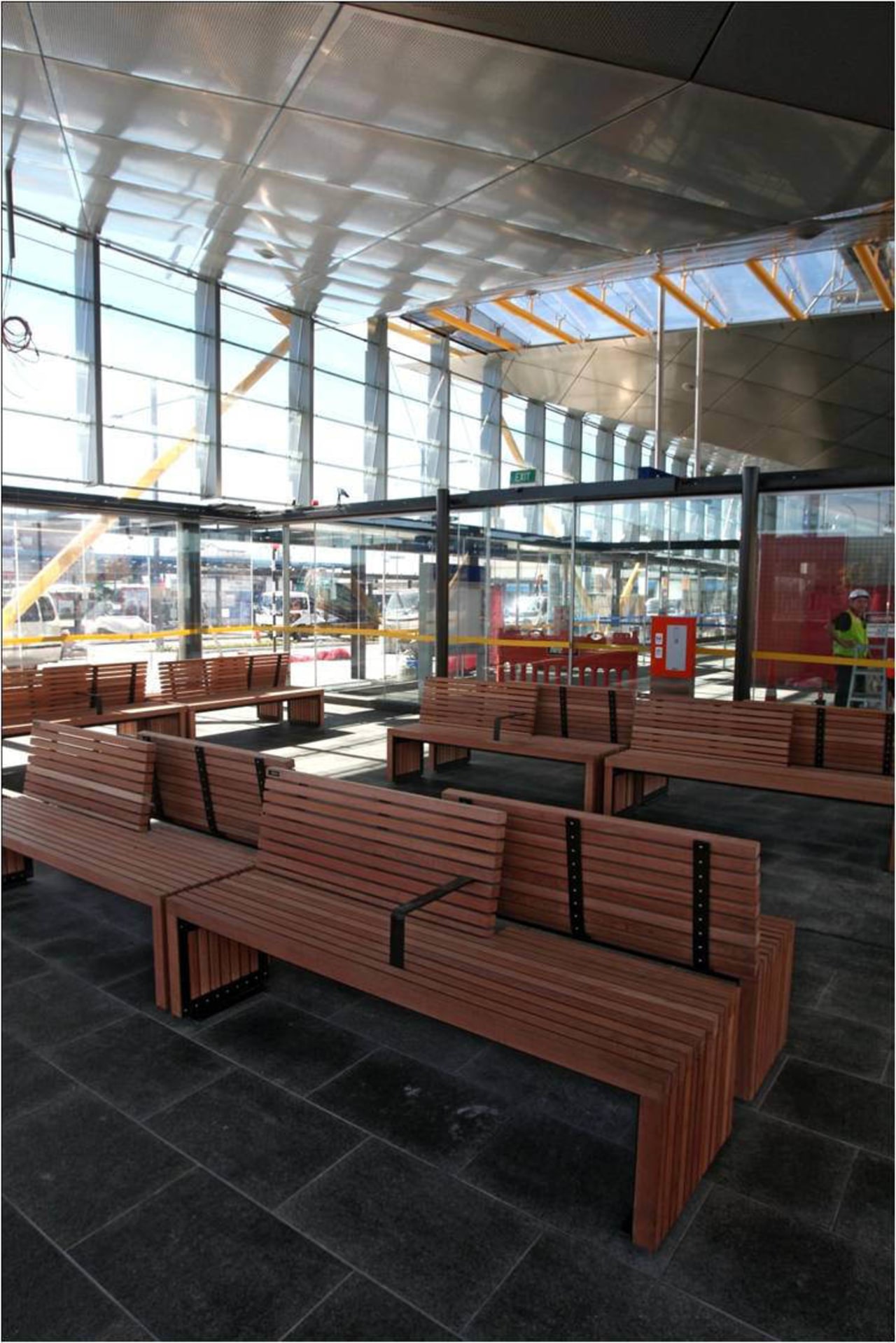 View of seating at the New Market Train architecture, bench, chair, daylighting, furniture, glass, interior design, table, wood, black