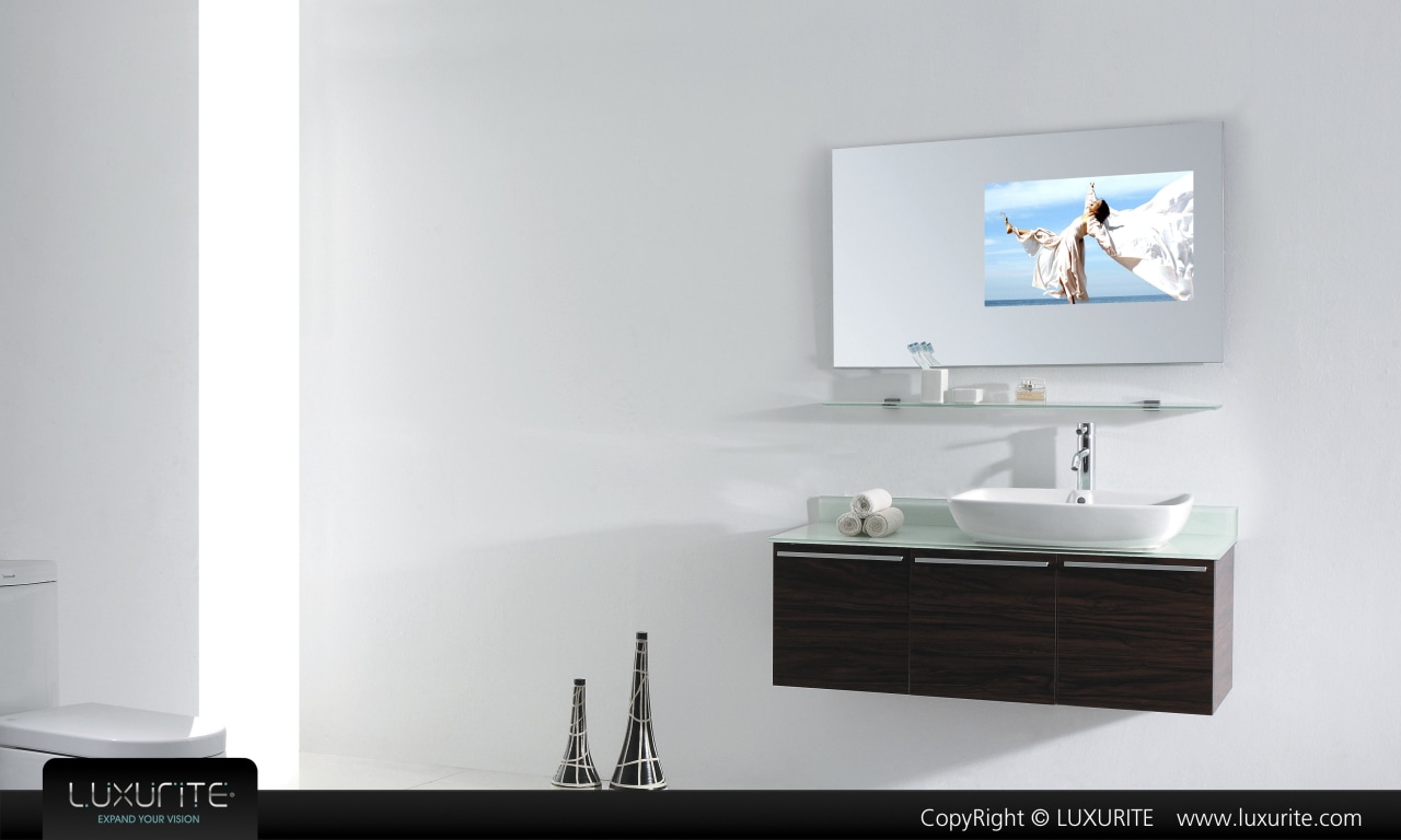 View of white bathroom and waterproof LCD television bathroom, bathroom accessory, bathroom cabinet, furniture, product, product design, tap, white