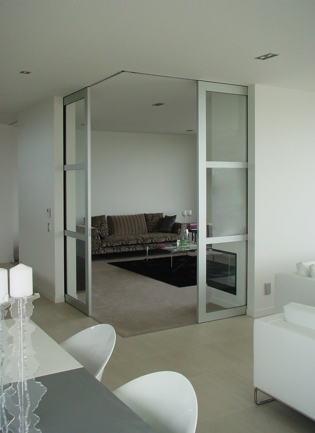 Interior view of an apartment which features a architecture, door, floor, glass, house, interior design, window, gray