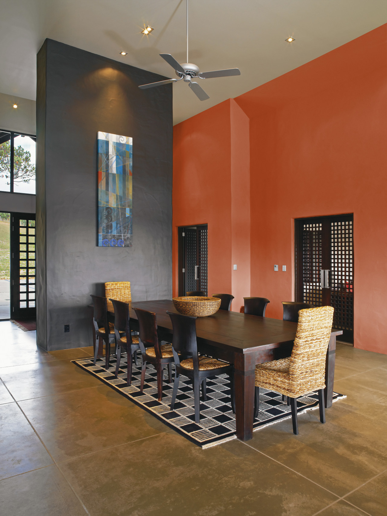 View of a dining room which features wall ceiling, chair, dining room, floor, flooring, furniture, interior design, living room, lobby, real estate, room, table, wall, brown