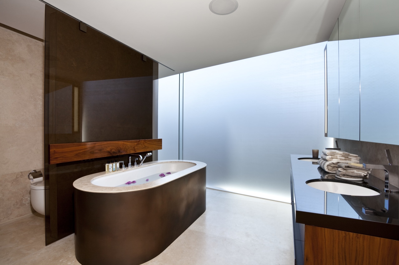 View of bathroom with freestanding tub in a architecture, bathroom, interior design, product design, room, brown, white