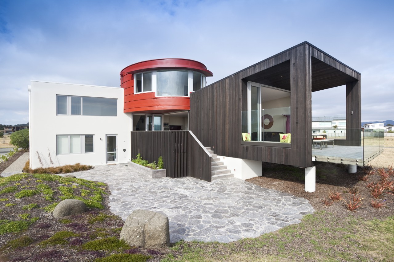 View of red, black and white beach house architecture, building, facade, home, house, real estate, white