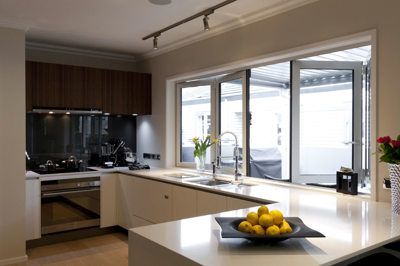View of a renovated show home kitchen designed countertop, cuisine classique, interior design, kitchen, real estate, window, brown, white