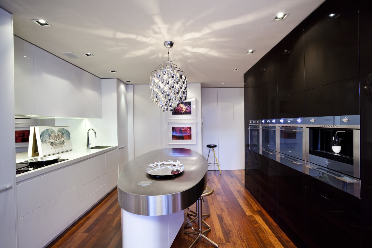 View of kitchen with oval bench top. ceiling, countertop, interior design, kitchen, real estate, room, gray, black