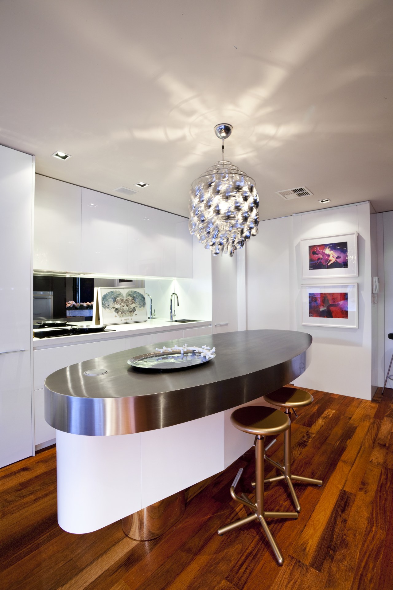 View of kitchen with oval bench top. ceiling, countertop, floor, flooring, furniture, interior design, kitchen, room, table, gray